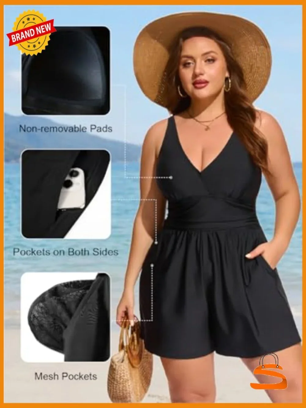 Plus Size One Piece Swimsuit Swim Romper with Shorts and Pockets